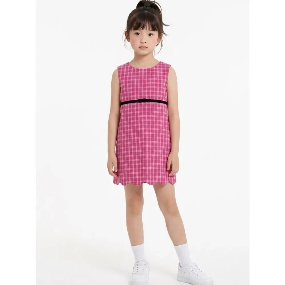 Lilly Pulitzer Pink and white plaid scallop hem shift dress black velvet accent